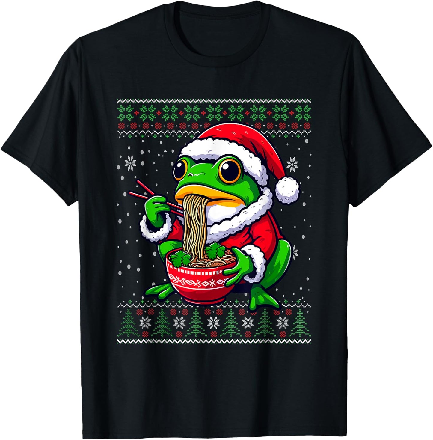 Christmas Frog Eating Ramen Ugly Christmas Sweater T-Shirt - T-Shirt | Black