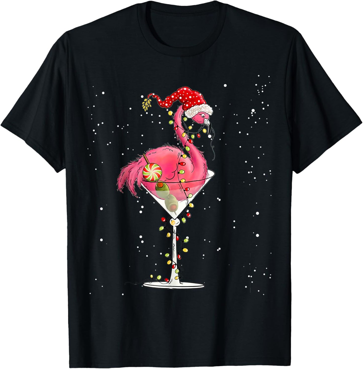 Merry Christmas Pink Flamingo Wine Drinking Lights Xmas Tree T-Shirt - T-Shirt | Black