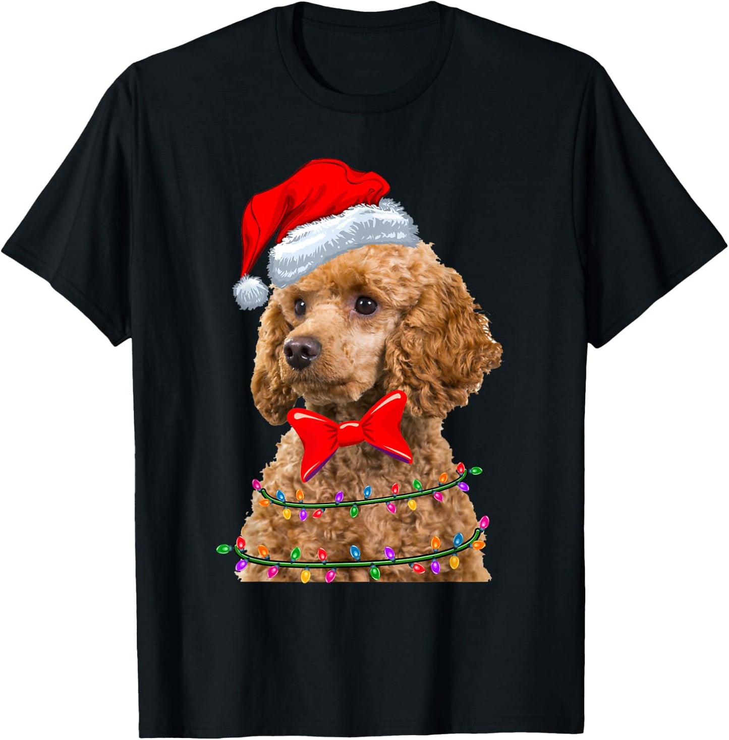 Christmas Lights Poodle Wearing Xmas Hat - Cute Dog Lover T-Shirt - T-Shirt | Black