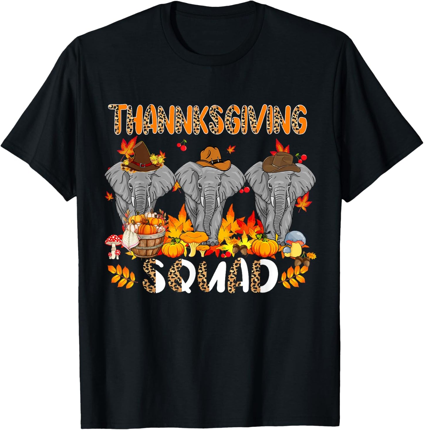 Thanksgiving Squad Leopard Three Fall Elephants Wearing Hat T-Shirt - T-Shirt | Black
