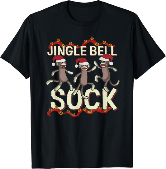 Jingle Bell Sock Funny Sock Monkey Christmas T-Shirt - T-Shirt | Black