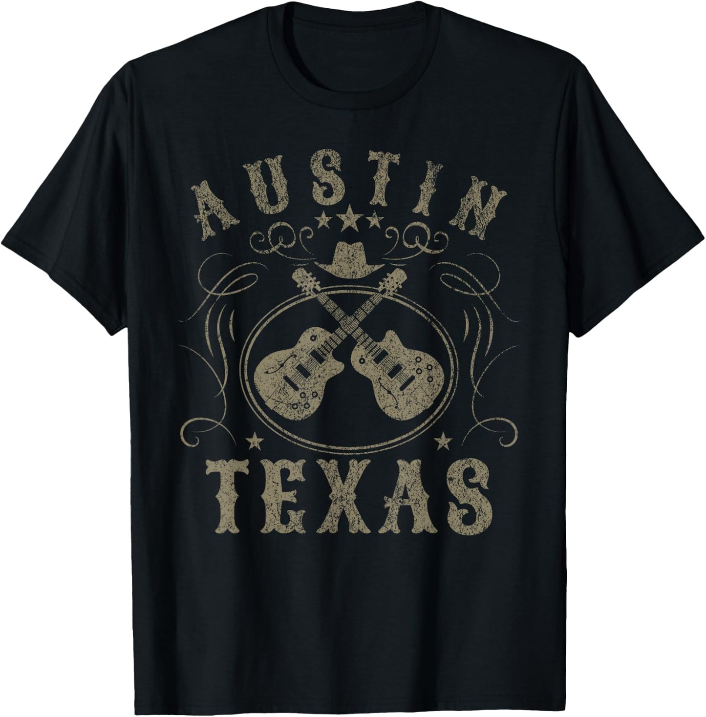 Austin Texas USA Travel - Adults & Kids - Black - Short Sleeve - - Vintage - Music - Vacation - Polyester 100% - Lightweight - Classic Fit - Detailed Fabric Composition T-Shirt - T-Shirt | Black