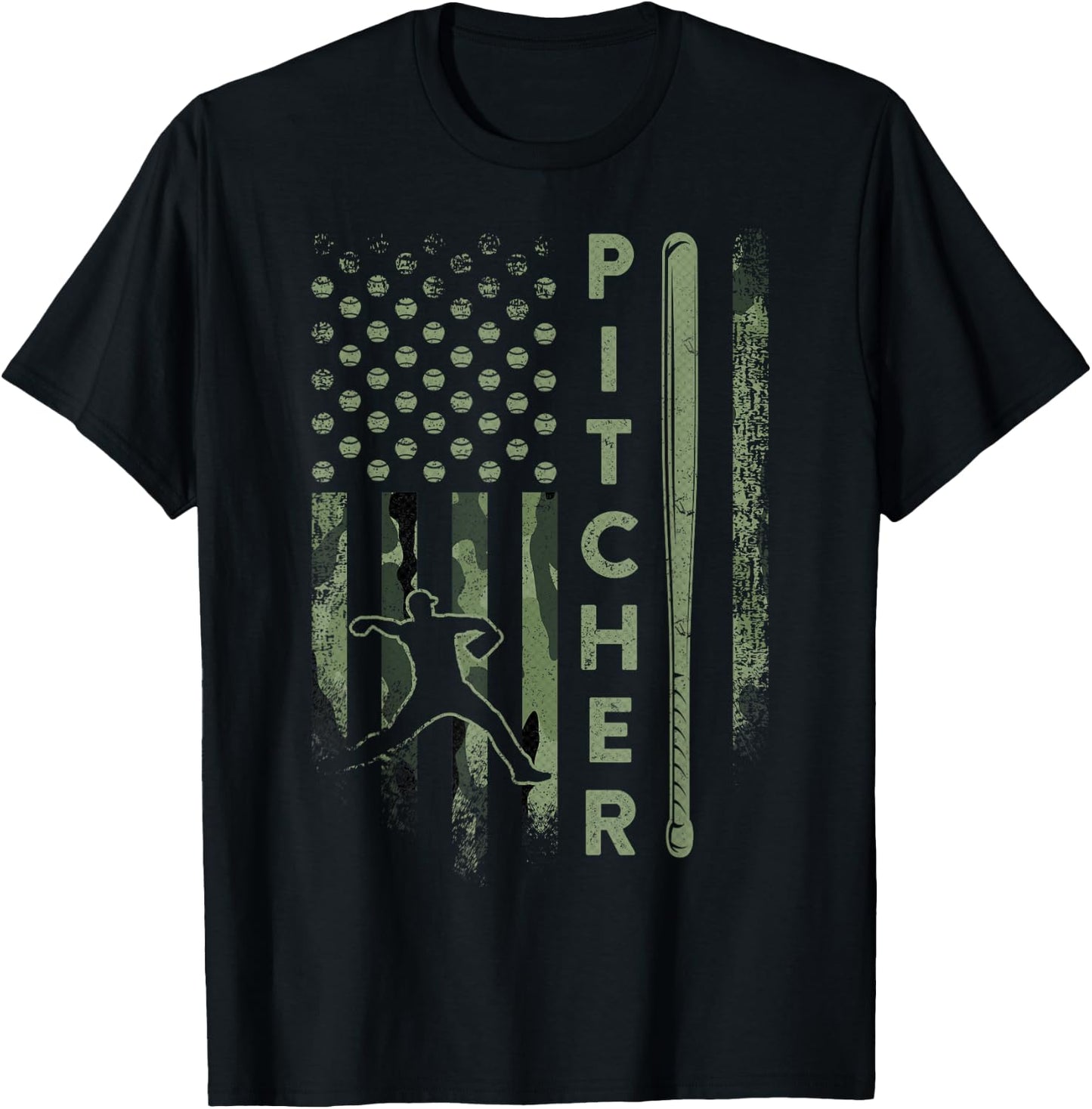 Vintage USA Camouflage Baseball Pitcher - Baseball Player T-Shirt - T-Shirt | Black