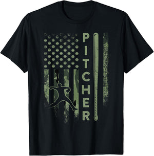 Vintage USA Camouflage Baseball Pitcher - Baseball Player T-Shirt - T-Shirt | Black