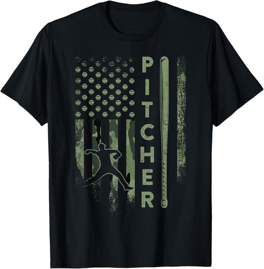 Vintage USA Camouflage Baseball Pitcher - Baseball Player T-Shirt - T-Shirt | Black
