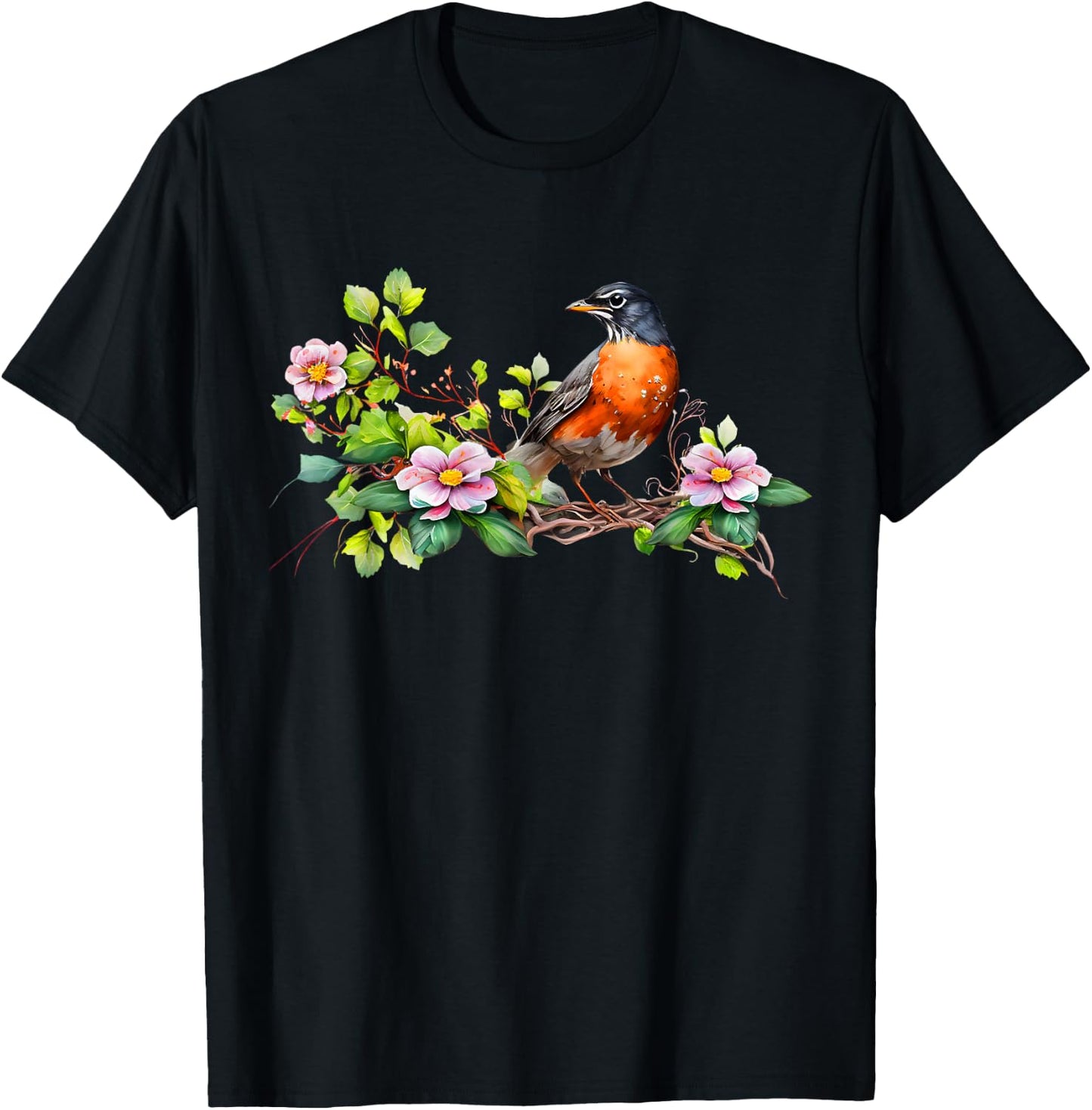 American Robin Backyard Birds Dogwood Flowers For Birders T-Shirt - T-Shirt | Black