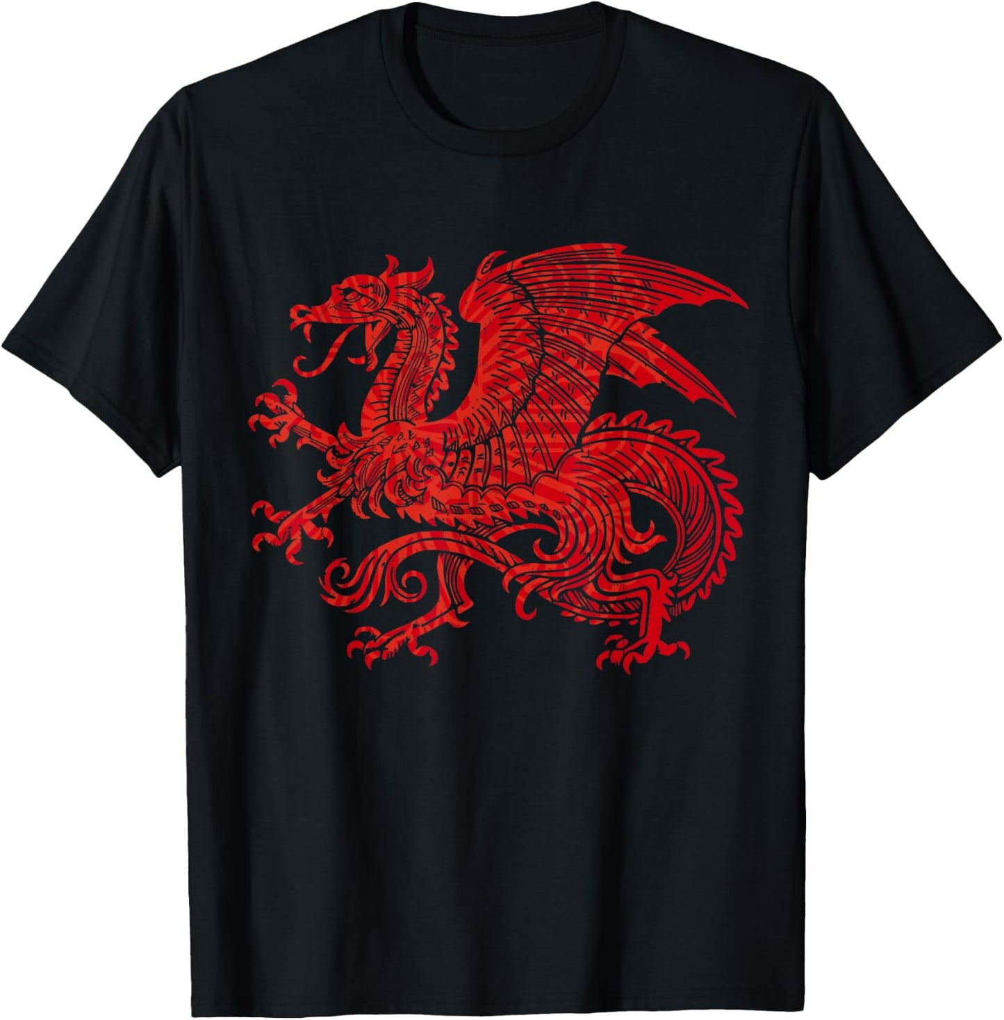 Red Fierce Dragon with Spiked Wings and Mandala Dragon Skin T-Shirt - T-Shirt | Black