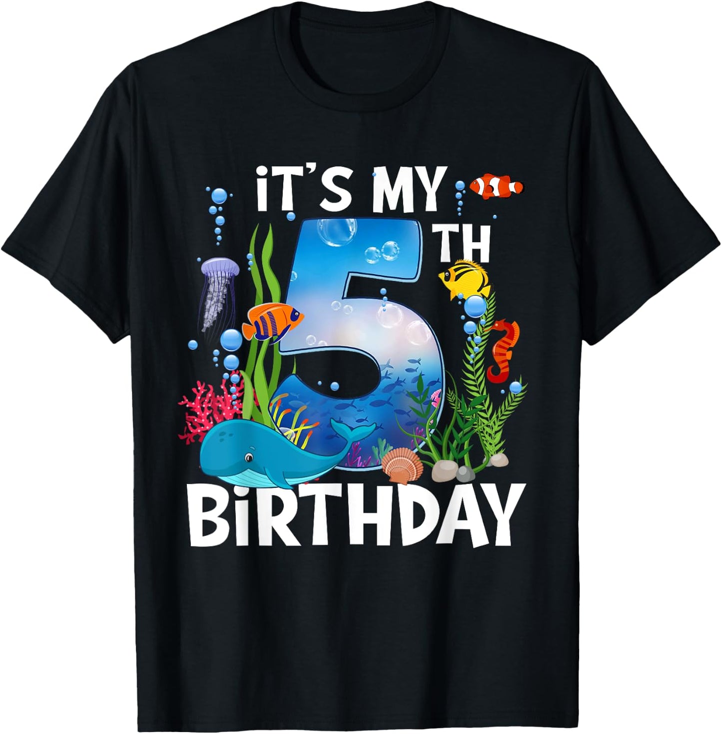 Kids 5 Year Old Ocean Life Whale Dolphin Shark 5th Birthday T-Shirt - T-Shirt | Black
