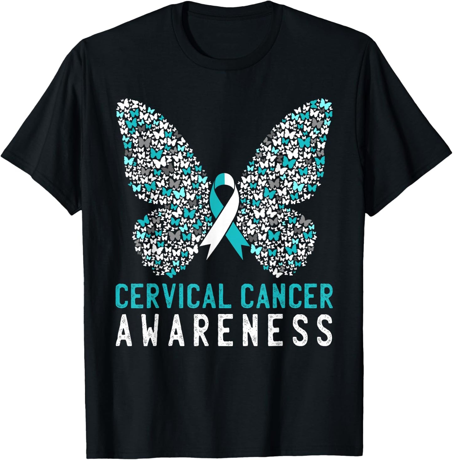 Butterfly Cervical Cancer Awareness Month White Teal Ribbon T-Shirt - T-Shirt | Black