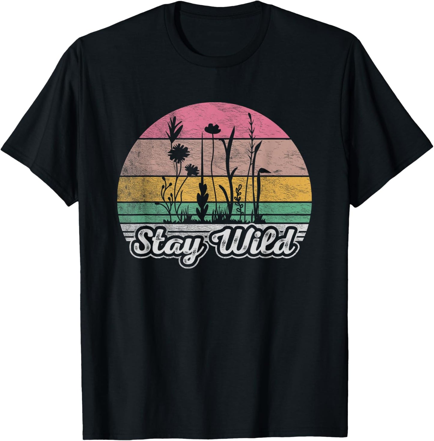 Retro Vintage Stay Wild Wildflower Inspirational Women Quote T-Shirt - T-Shirt | Black