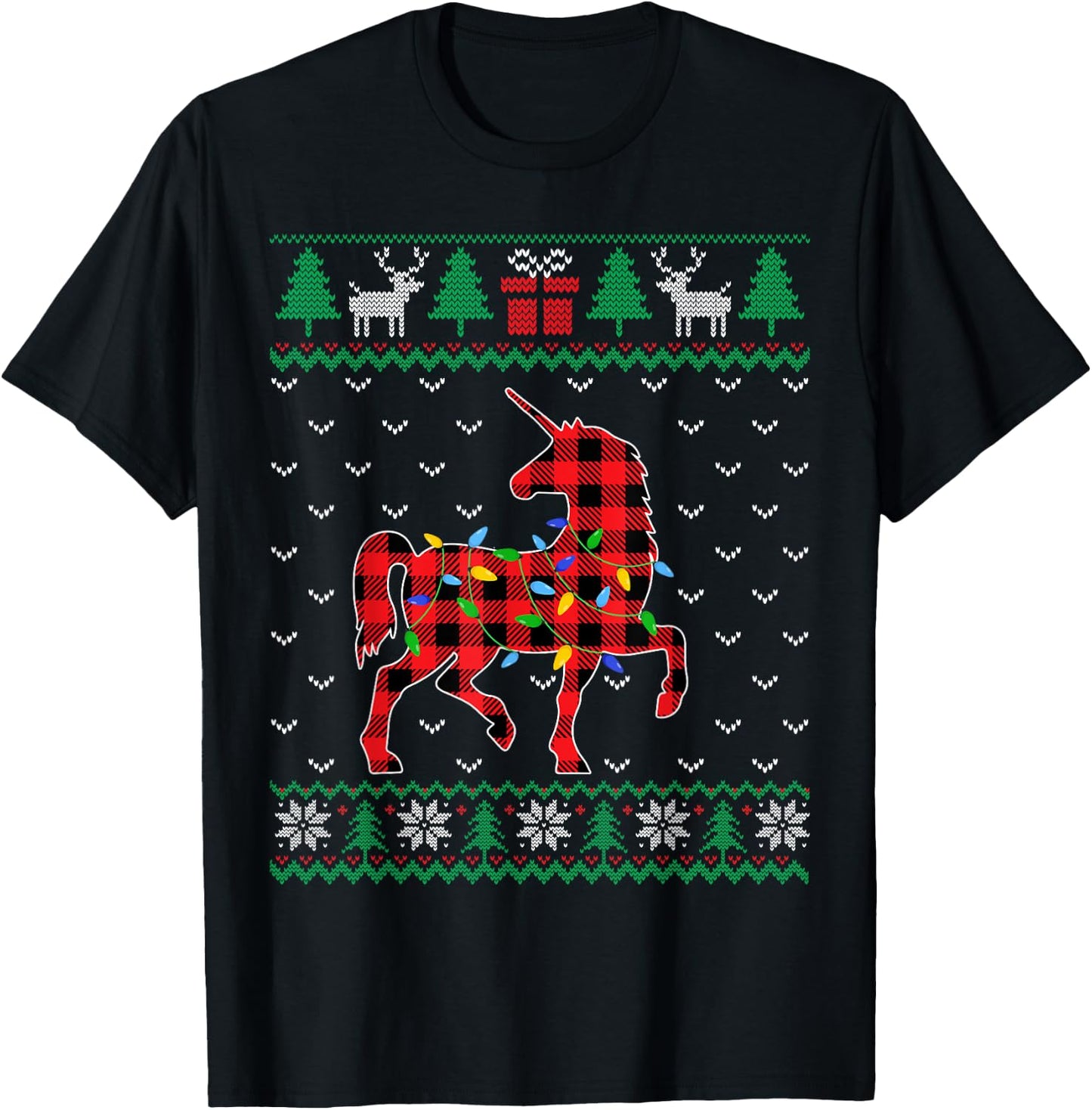 Unicorn Christmas Tree Lights Decoration Xmas Sweater Ugly T-Shirt - T-Shirt | Black