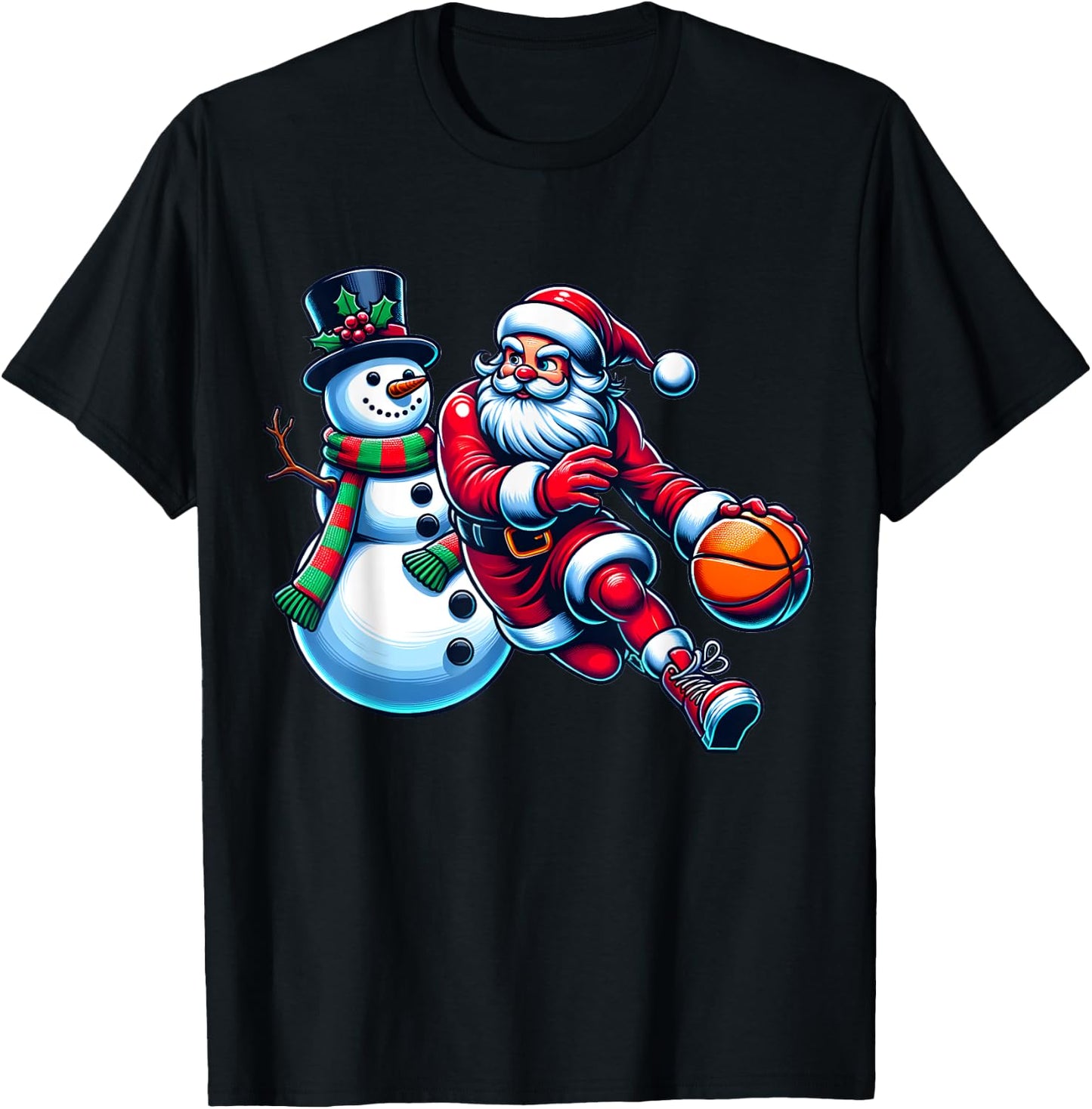 Santa Playing Basketball With A Snowman Christmas T-Shirt - T-Shirt | Black