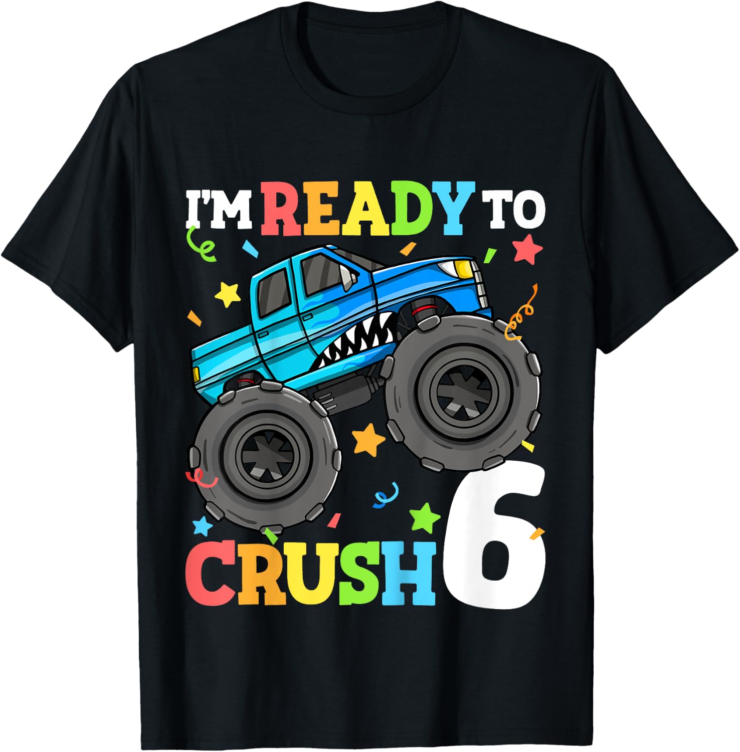 Kids Monster Truck Shark 6th Birthday Boy 6 Six Year Old T-Shirt - T-Shirt | Black