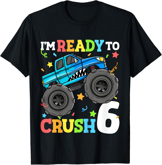 Kids Monster Truck Shark 6th Birthday Boy 6 Six Year Old T-Shirt - T-Shirt | Black