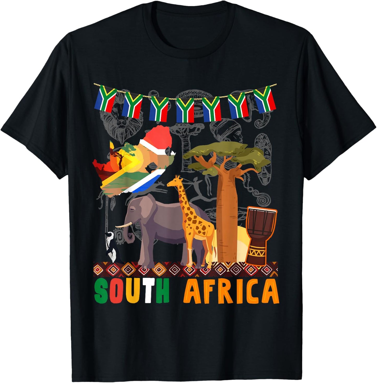 South Africa Ideas Kids With Elephant & South African Flag T-Shirt - T-Shirt | Black