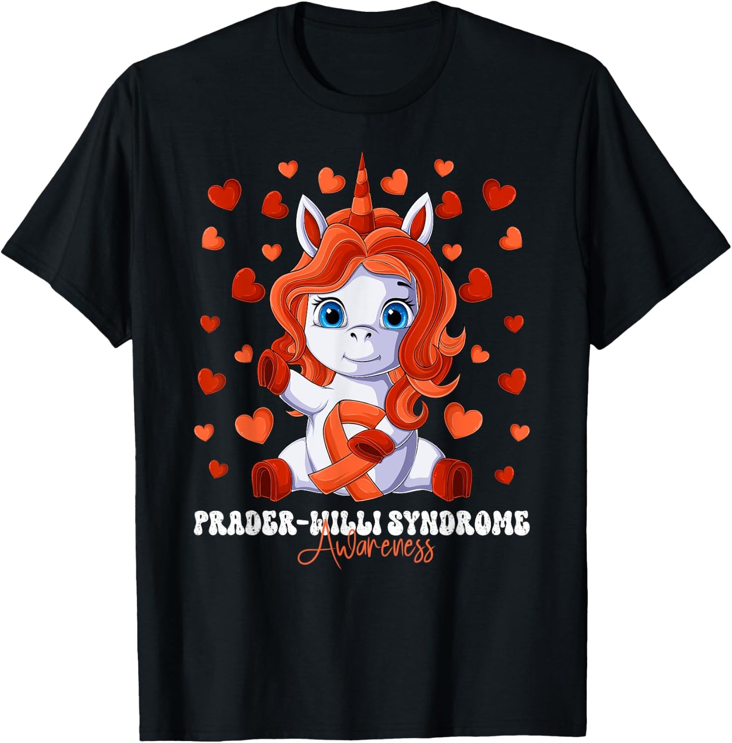 Prader-Willi Syndrome Awareness Month Orange Ribbon Unicorn T-Shirt - T-Shirt | Black