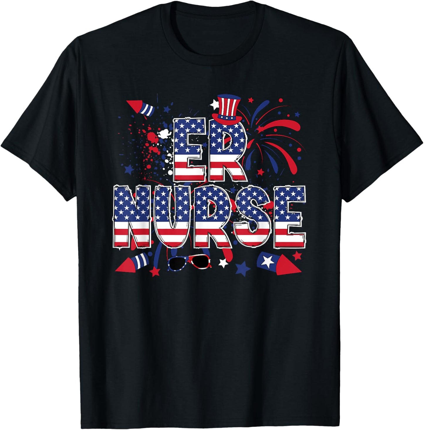 4th Of July Emergency Nurse American Flag ER Nurse T-Shirt - T-Shirt | Black