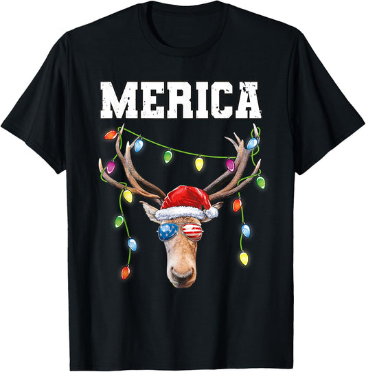 Merica Christmas Santa Buck Shirt USA Flag Patriotic T-Shirt - T-Shirt | Black