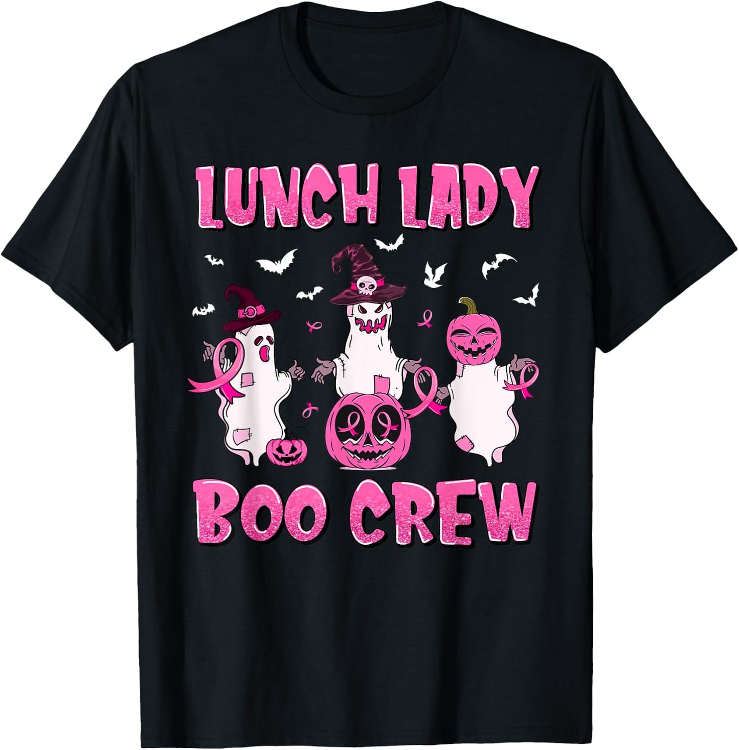 Lunch Lady Boo Crew Pumpkin Breast Cancer Halloween Gifts T-Shirt - T-Shirt | Black