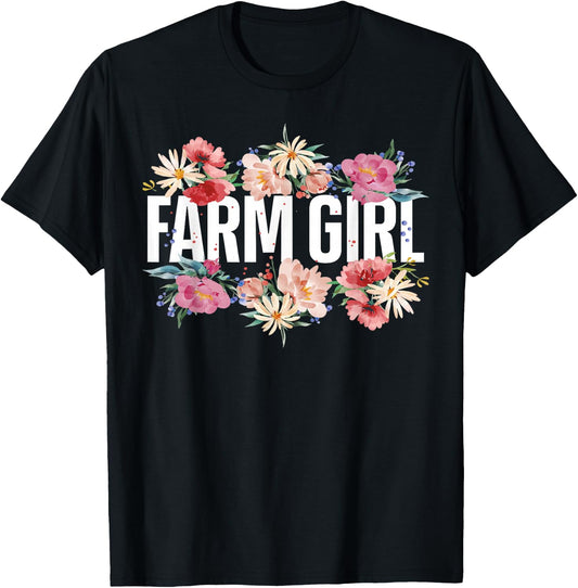Farming Farmer Girl Flower Floral Farm Girl T-Shirt - T-Shirt | Black