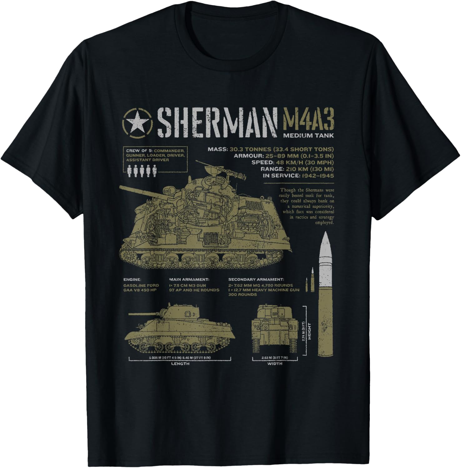 Sherman Tank World War 2 Blueprint T-Shirt - T-Shirt | Black