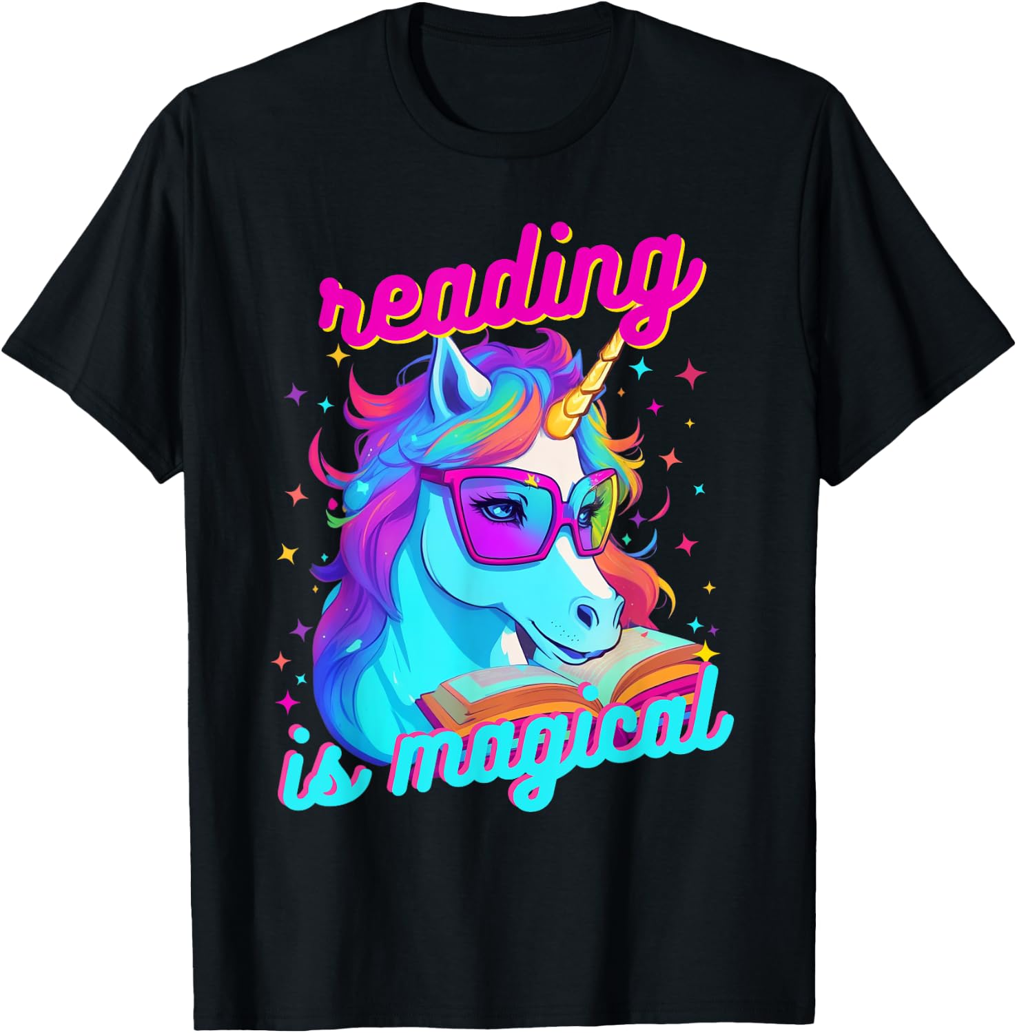 Psychedelic Cool Nerd Unicorn Reading is Magical Book Lover T-Shirt - T-Shirt | Black