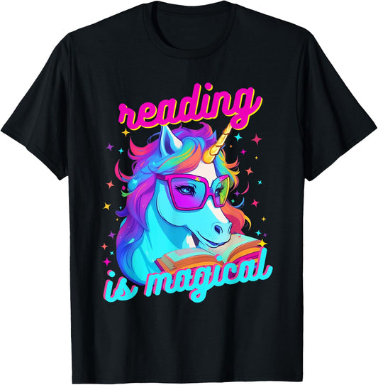 Psychedelic Cool Nerd Unicorn Reading is Magical Book Lover T-Shirt - T-Shirt | Black