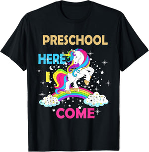 Look Out Preschool Here I Come Girl Unicorn Pre School T-Shirt - T-Shirt | Black