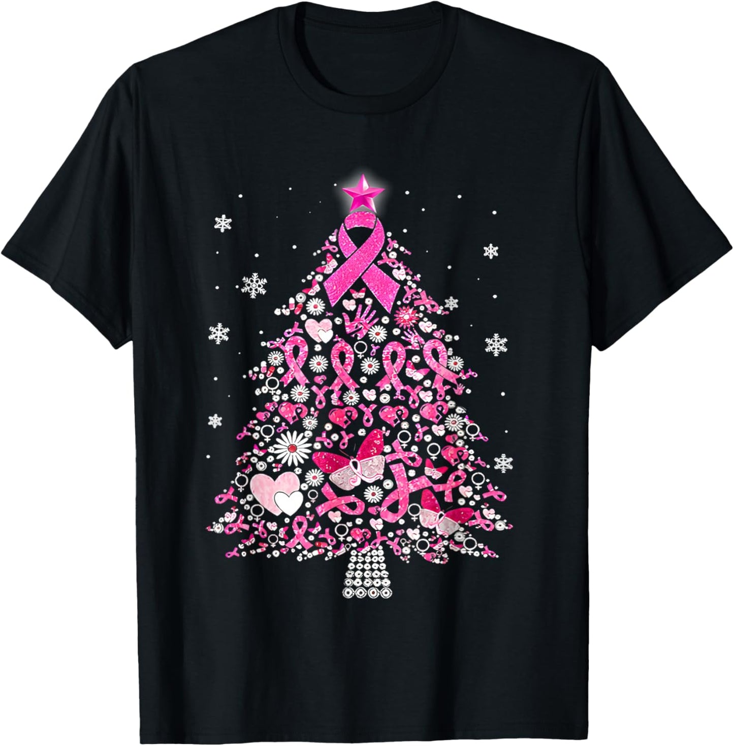 Breast Cancer Ornament Decoration Christmas Tree Snowflakes T-Shirt - T-Shirt | Black