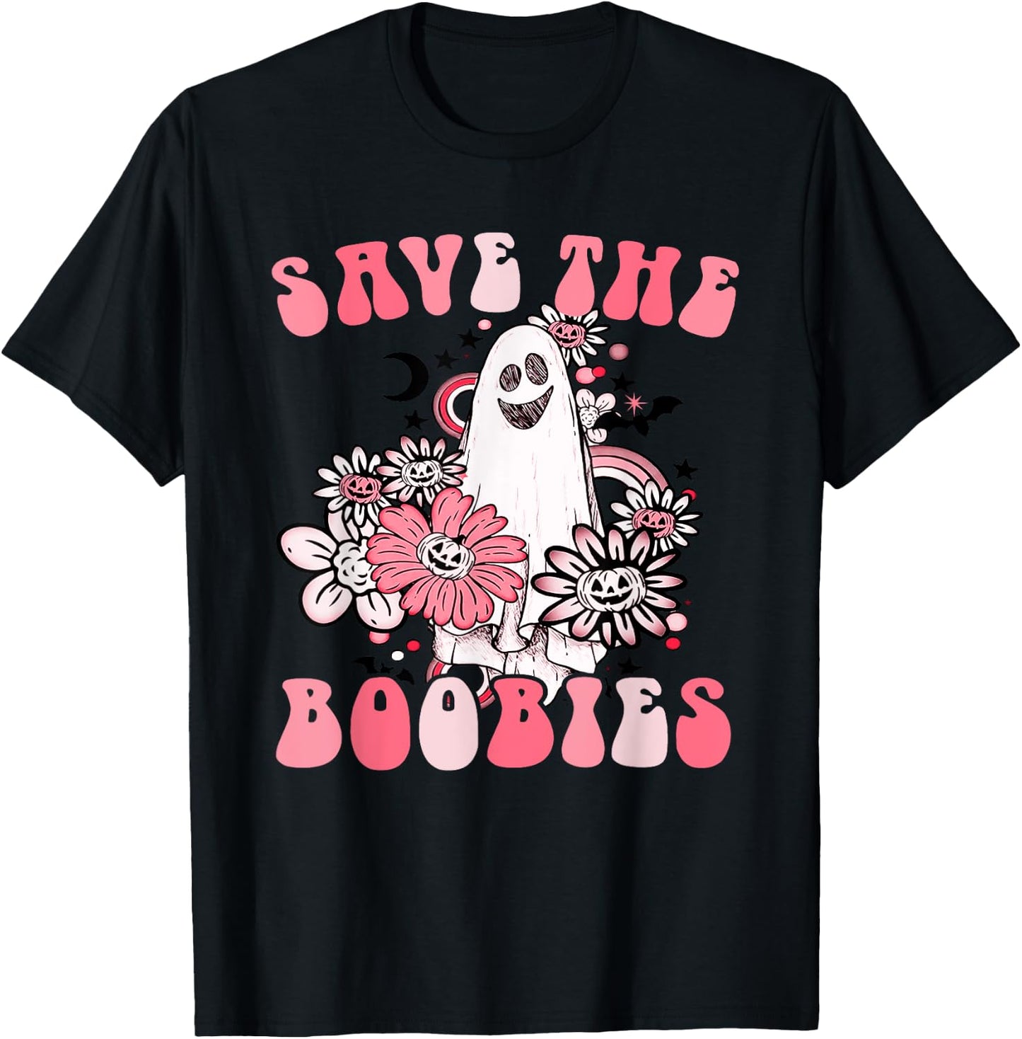 Boobees Breast Cancer Boho Groovy Ghost Save The Boo bees T-Shirt - T-Shirt | Black