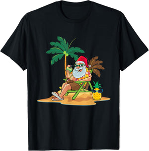 Hawaiian Christmas Santa Claus Party Aloha Holiday Beach T-Shirt - T-Shirt | Black