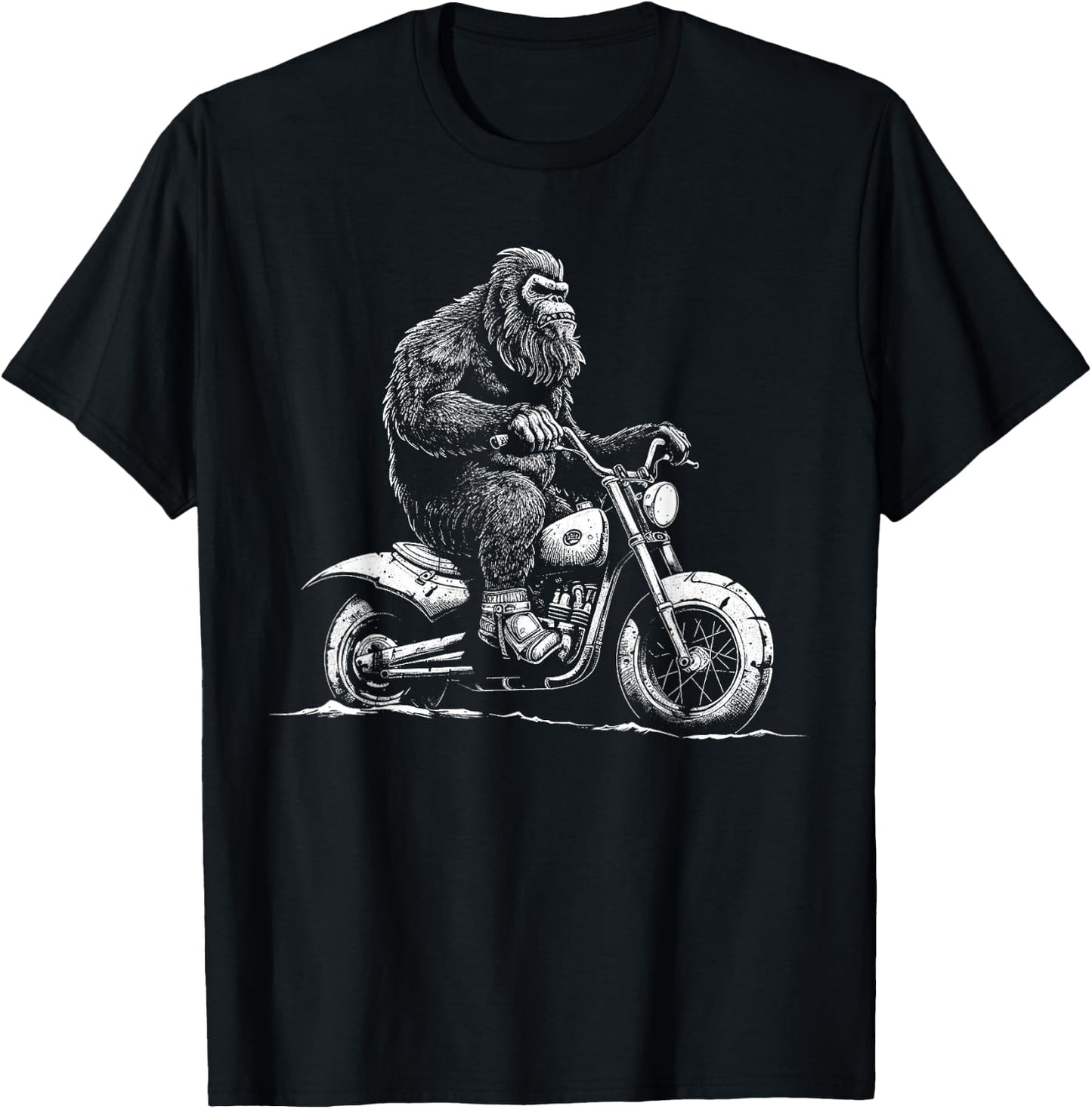 Bigfoot Riding A Motorcycle Bike Funny Sasquatch Men Women T-Shirt - T-Shirt | Black