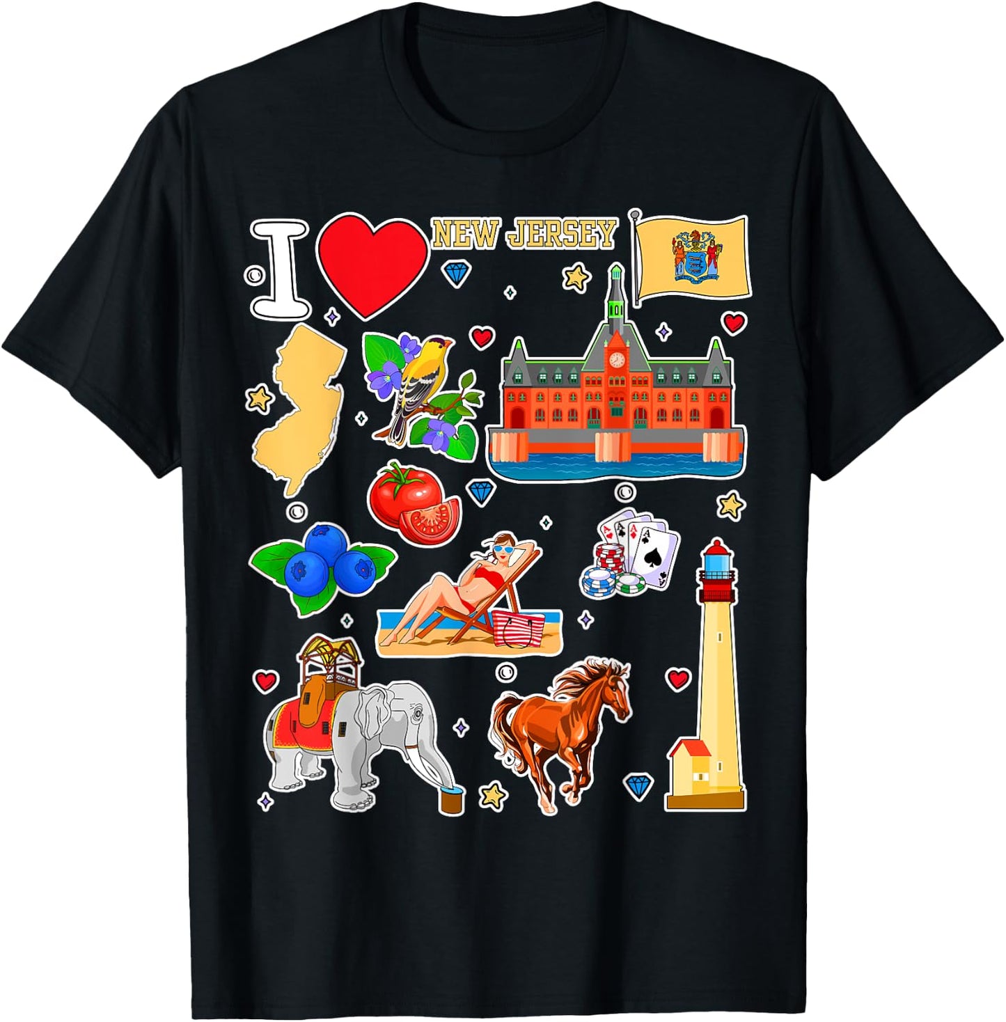 New Jersey map, hand drawn State Symbols and icons T-Shirt - T-Shirt | Black