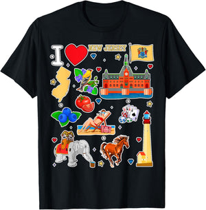 New Jersey map, hand drawn State Symbols and icons T-Shirt - T-Shirt | Black