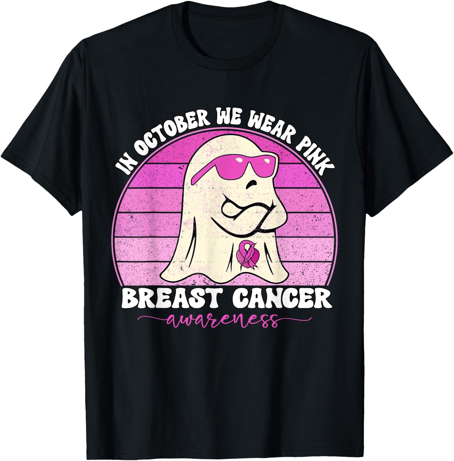 Groovy Breast Cancer Awareness We Wear Pink Ribbon Ghost T-Shirt - T-Shirt | Black