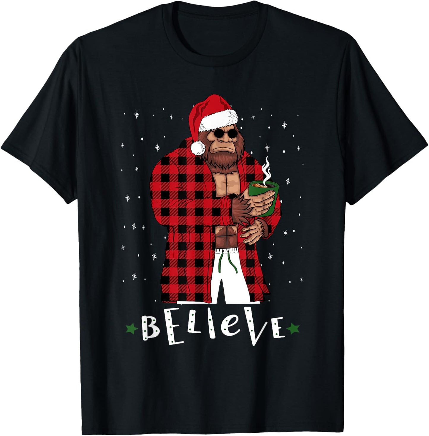 Bigfoot Christmas Buffalo Plaid Sasquatch Coffee Drinker T-Shirt - T-Shirt | Black