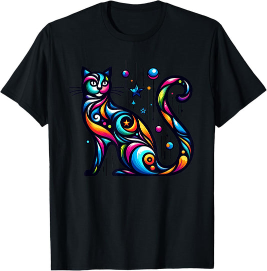 80s Colorful Kitten Lover Artwork Decor Cute Art Cat Men Women Kids T-Shirt - T-Shirt | Black