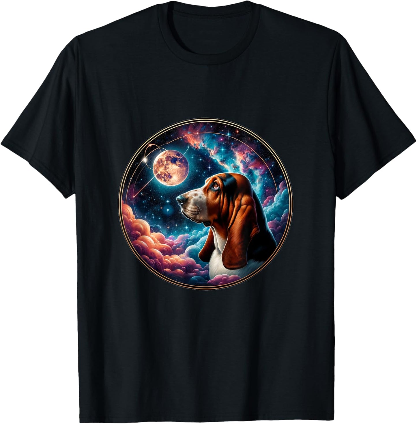 Basset Hound Dog In Nebula Space Stars And Moon Galaxy T-Shirt - T-Shirt | Black