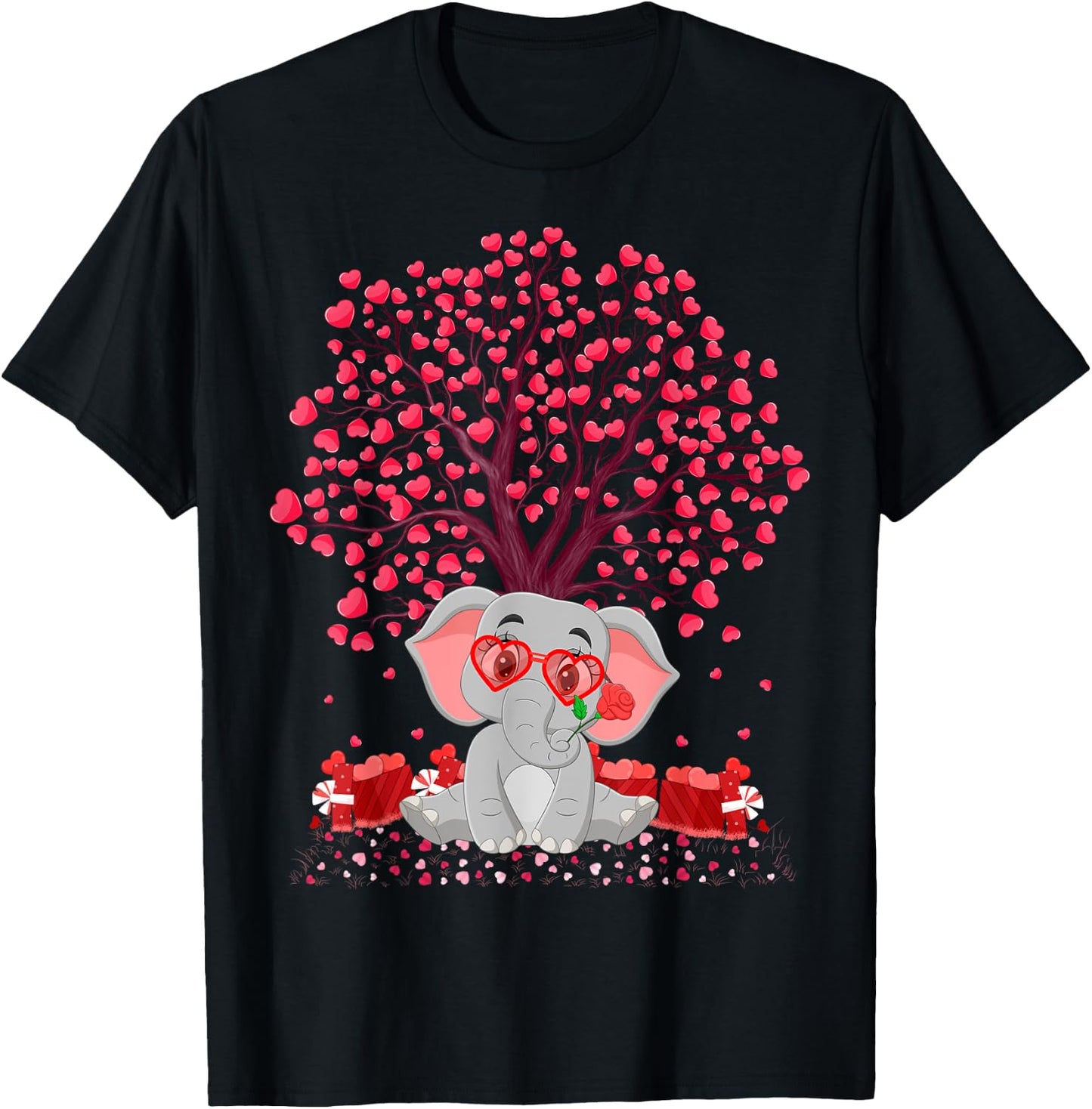 Elephant Lover Heart Tree Elephant Valentine's Day T-Shirt - T-Shirt | Black