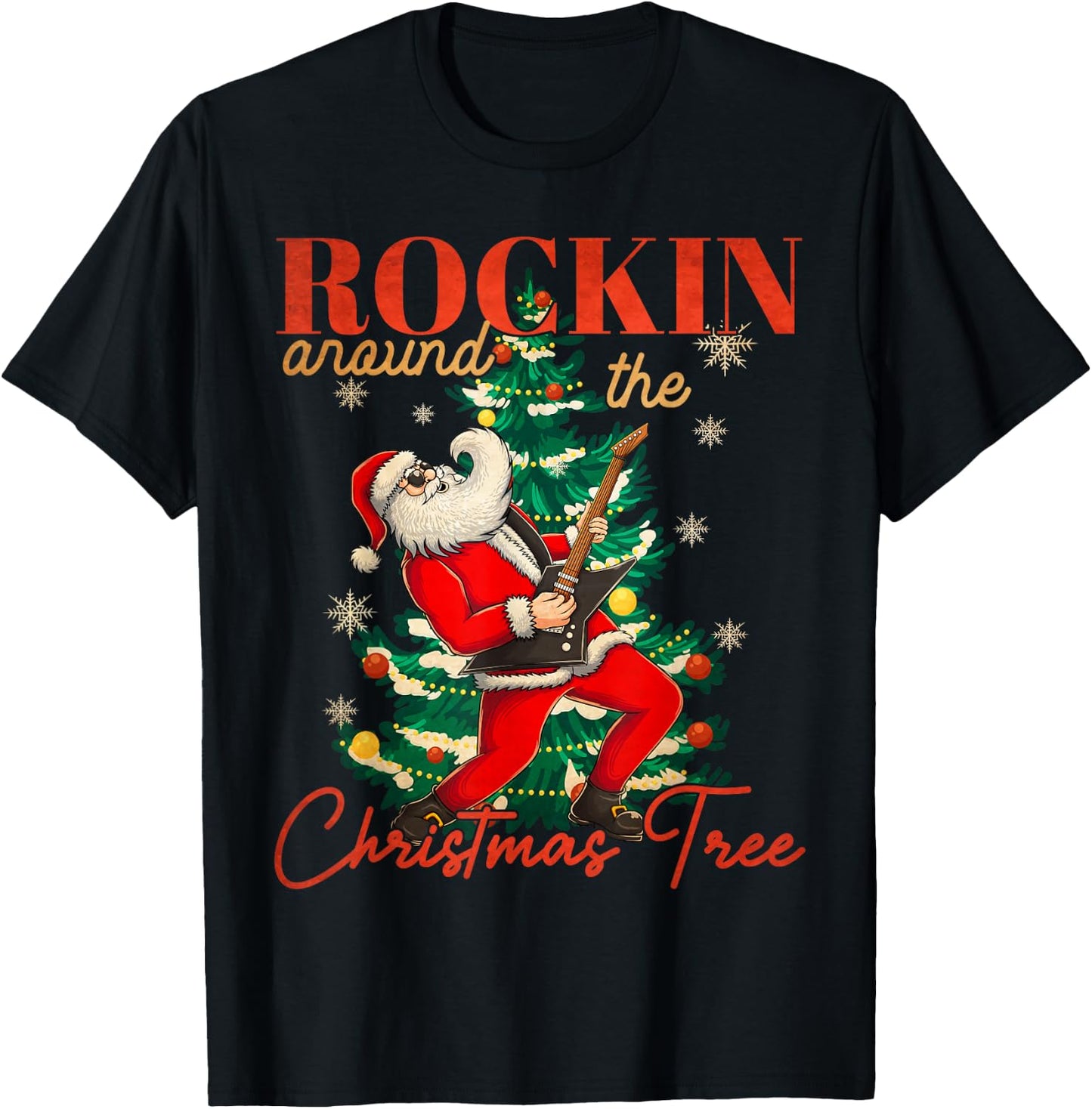 Rocking Around The Christmas Tree Santa Rock and Roll Guitar T-Shirt - T-Shirt | Black