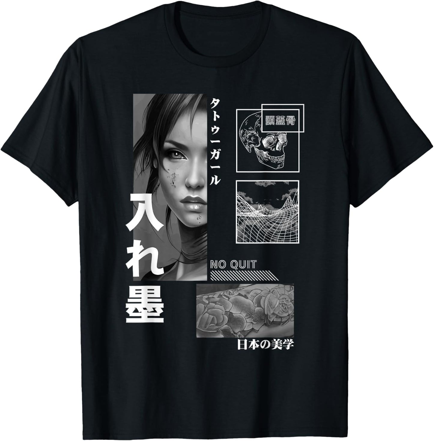 Japanese Aesthetic Girl Flower Tattoo Tokyo Streetwear T-Shirt - T-Shirt | Black