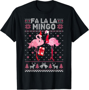 Fa La La La Mingo Flamingo Santa Pink Ugly Christmas Sweater T-Shirt - T-Shirt | Black