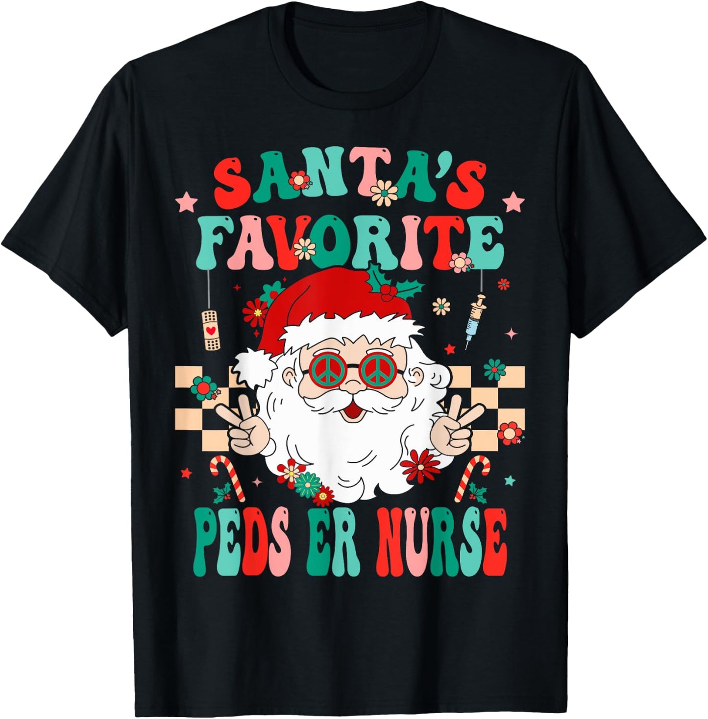 Santa Favorite Peds ER Nurse Retro Groovy Nurse Christmas T-Shirt - T-Shirt | Black