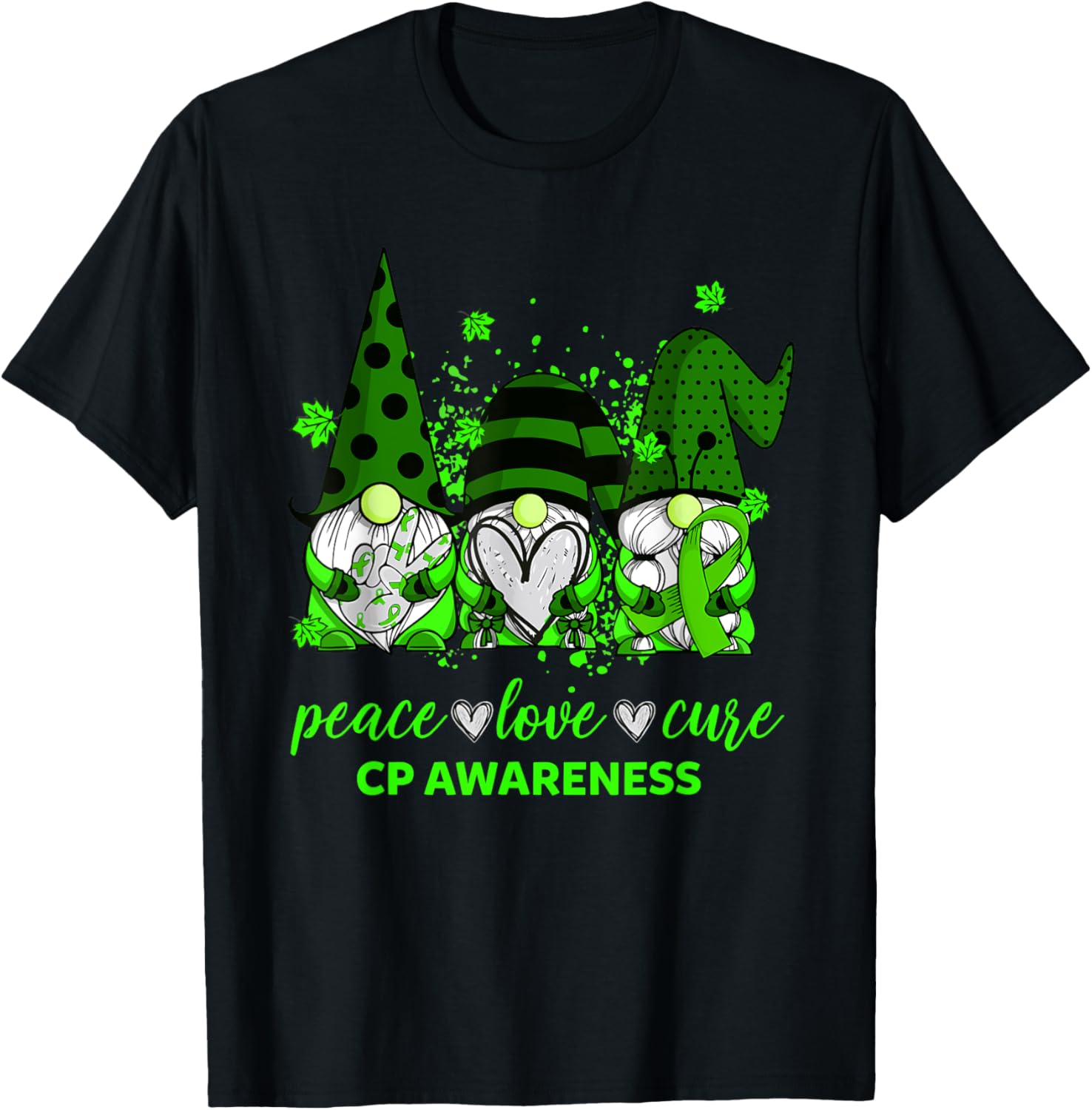 Peace Love Cure Three Gnomes Cerebral Palsy CP Awareness T-Shirt - T-Shirt | Black