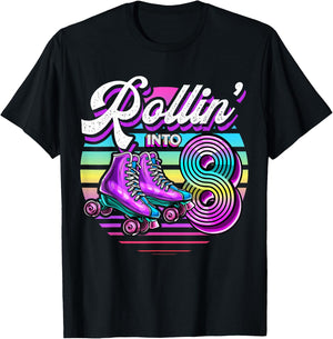 Rollin' into 8 Roller Skating Rink 8th Birthday Party Girls T-Shirt - T-Shirt | Black