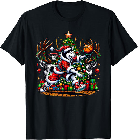 Funny Santa Siberian Husky Dog Play Basketball Christmas T-Shirt - T-Shirt | Black