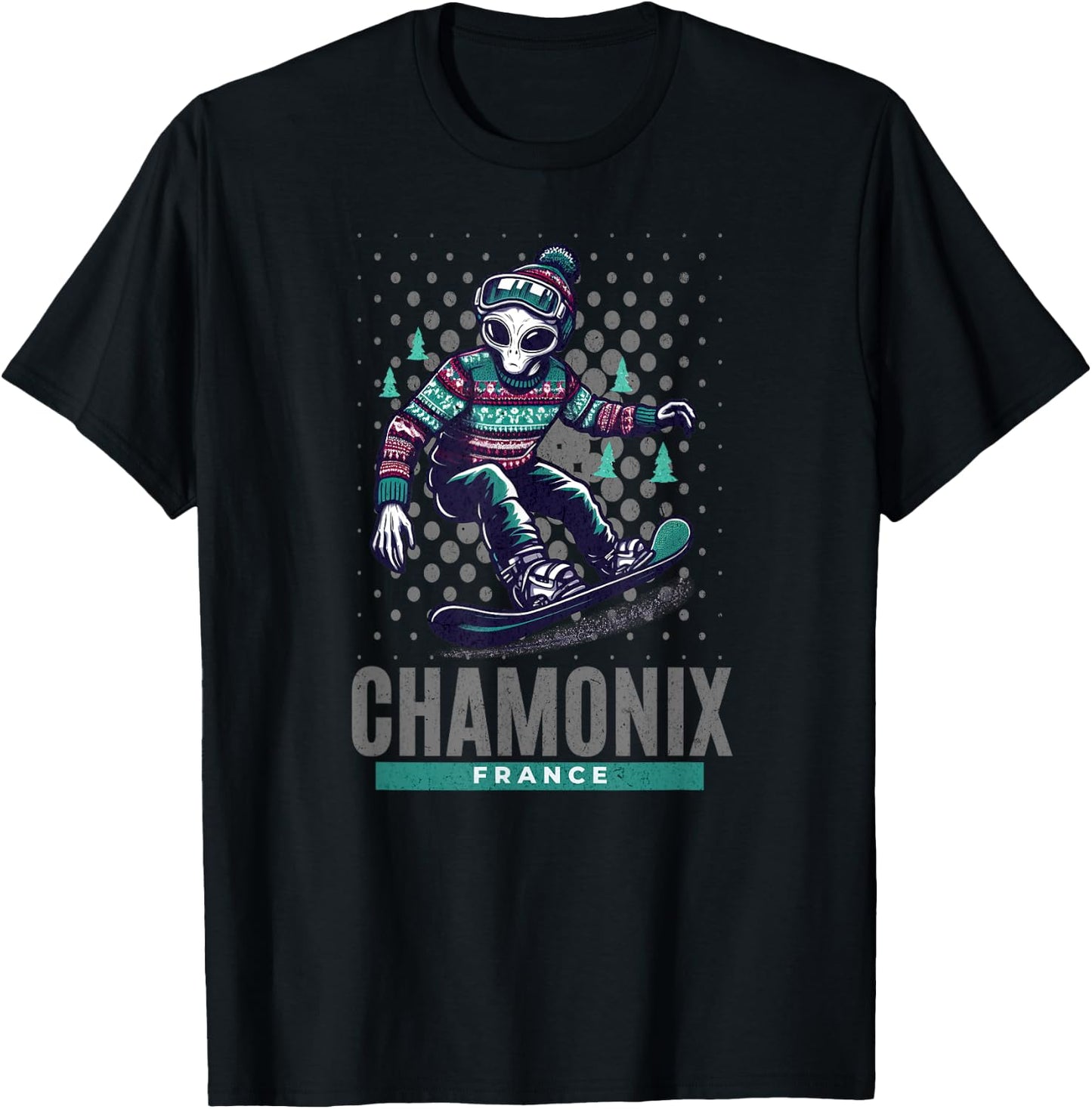 Cosmic Thrills - Alien Snowboarding in Chamonix France T-Shirt - T-Shirt | Black