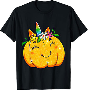 Unicorn Pumpkin Halloween Girl Cute Thanksgiving Girls T-Shirt - T-Shirt | Black