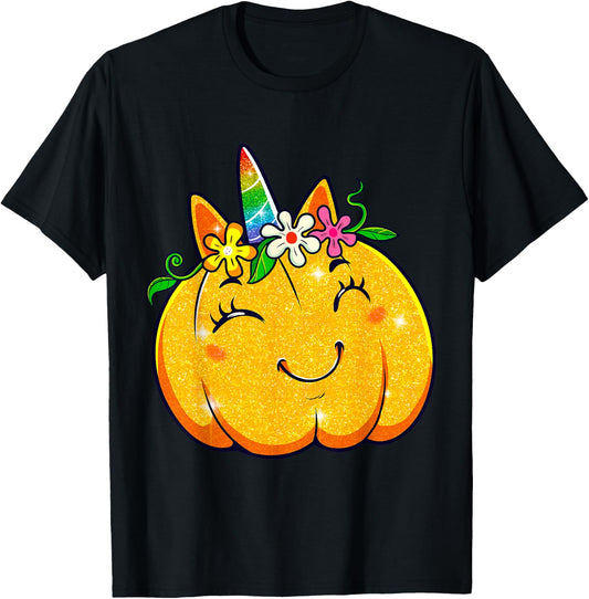 Unicorn Pumpkin Halloween Girl Cute Thanksgiving Girls T-Shirt - T-Shirt | Black