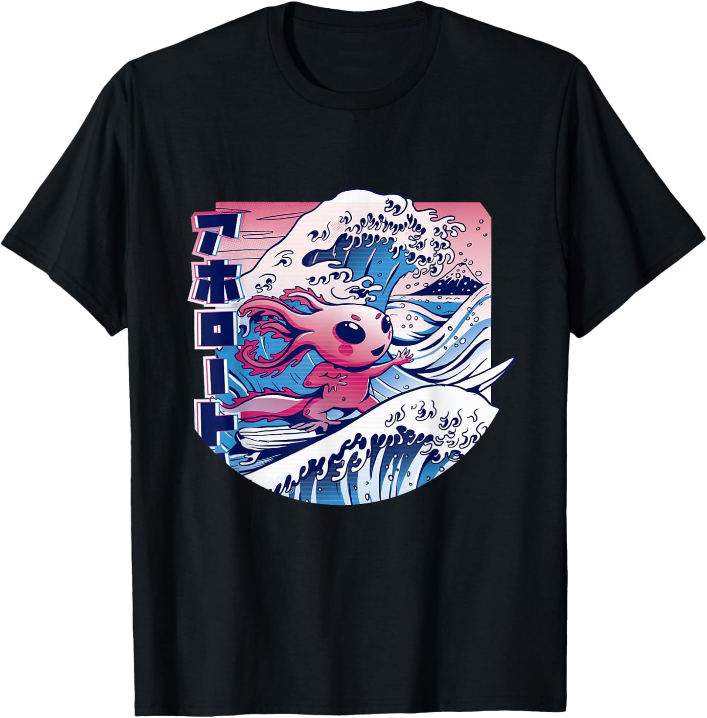 Axolotl is Surfing Japanese Great Wave Axolotl Anime Kawaii T-Shirt - T-Shirt | Black